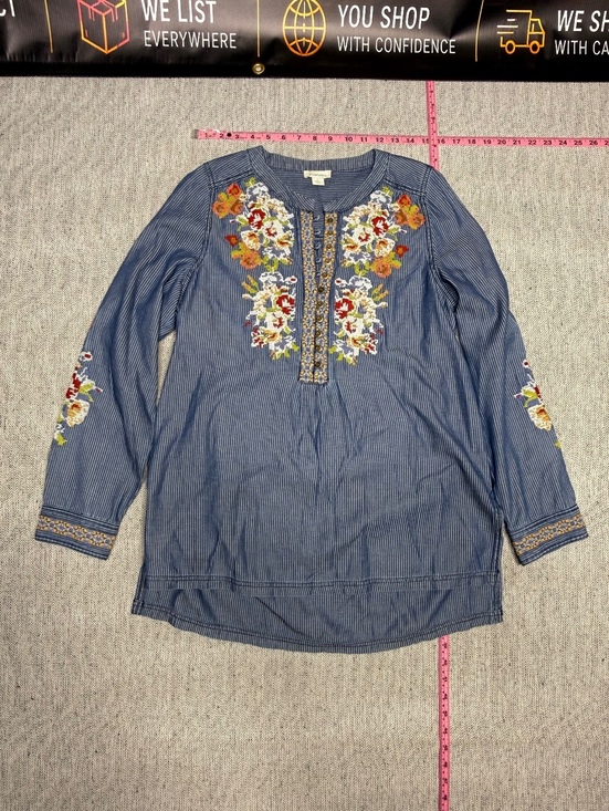 Sundance Tops - Sundance Blue Striped Embroidered Floral Tunic Top Small